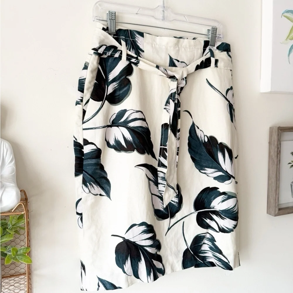 Ann Taylor Ivory Teal Leaves Linen Blend Tie Waist Pencil Skirt Size 8 Petite - Picture 6 of 16